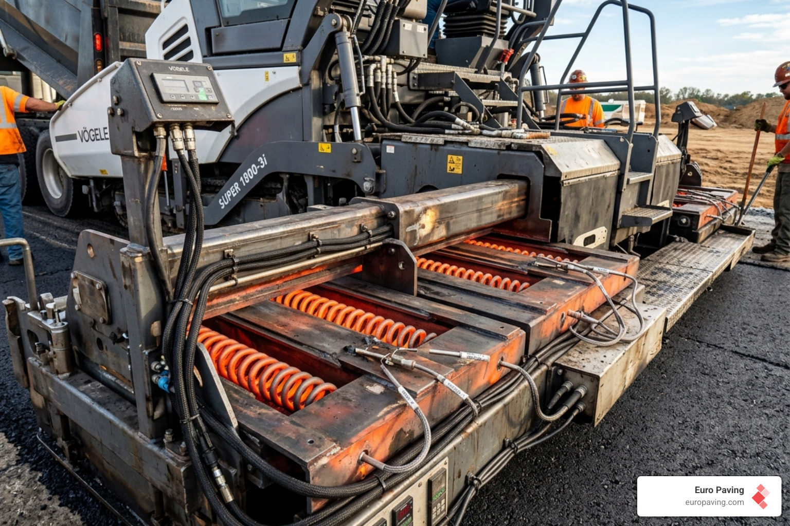 Close up of a modern screed heating system showing the electrical heating elements and temperature sensors - asphalt paver