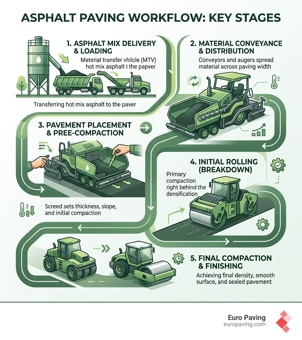 Asphalt paving workflow infographic from hopper loading to roller compaction showing key stages - asphalt paver machine