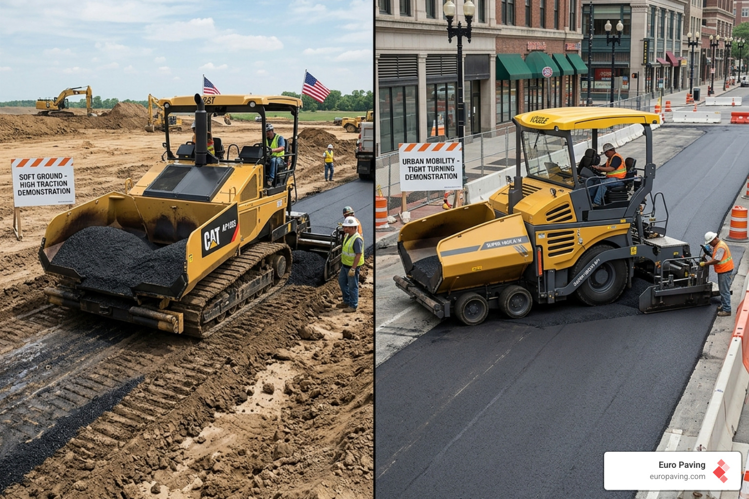 Comparison of a track-driven paver showing high traction vs a wheel-driven paver showing high mobility - asphalt paver