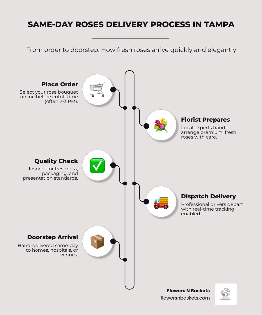 Infographic showing same-day rose delivery process in Tampa from order placement to doorstep arrival - roses delivery tampa