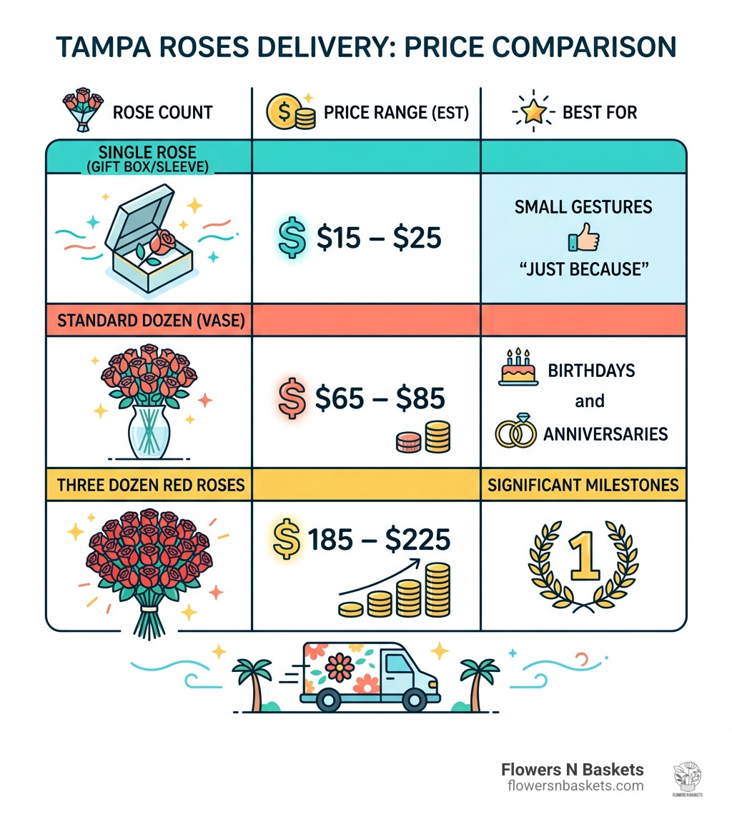 Table comparing rose counts and price ranges for Tampa delivery - roses delivery tampa infographic