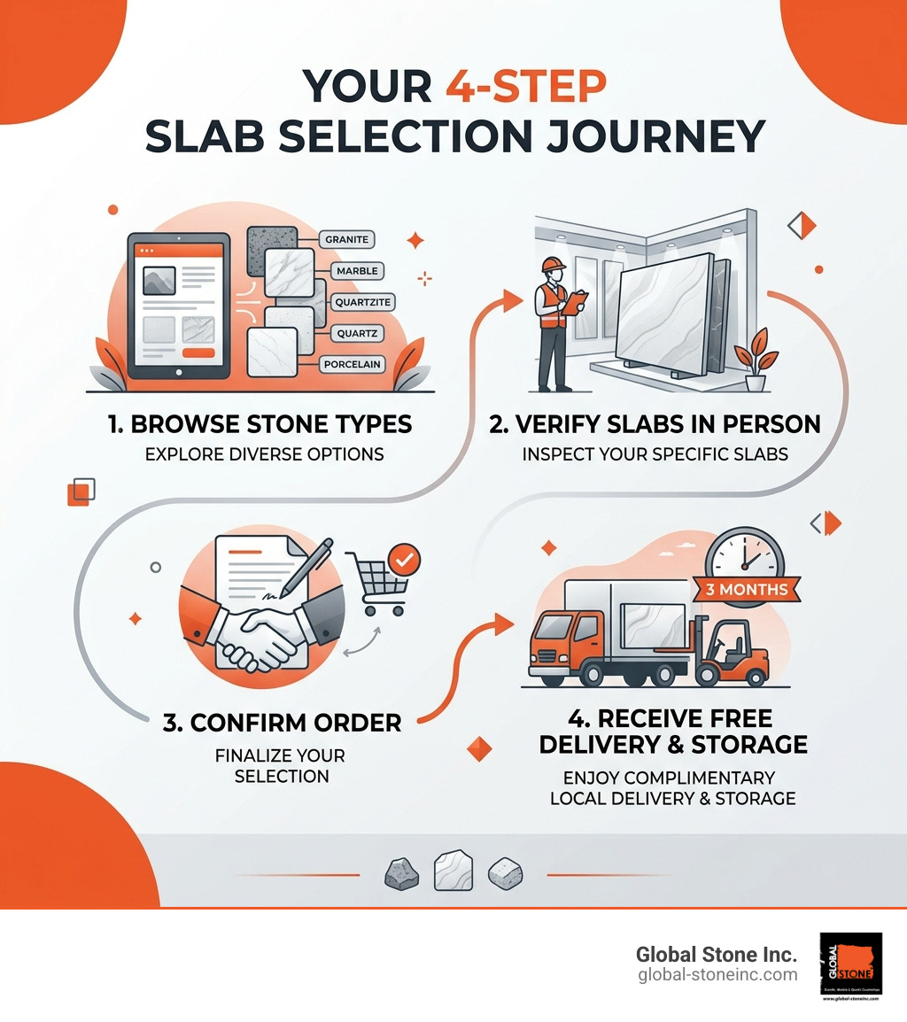 4-step slab selection journey infographic: browse stone types, verify slabs in person, confirm order, receive free delivery