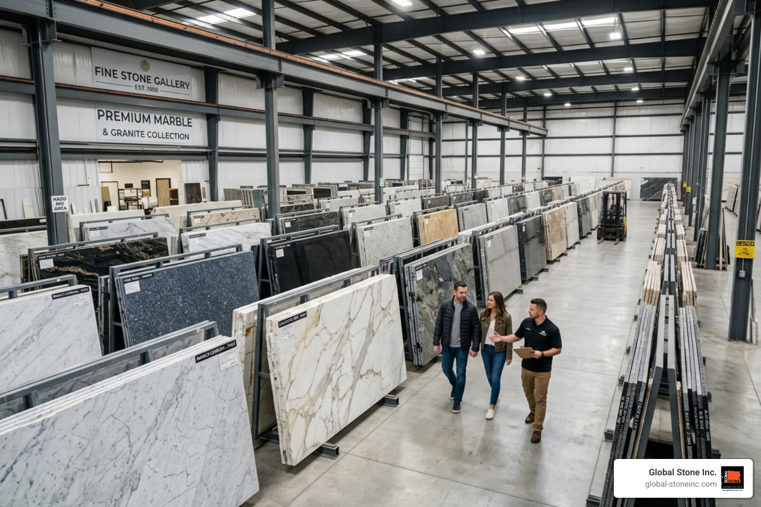 curated stone warehouse showing rows of premium marble and granite slabs - arista quartz & natural stones