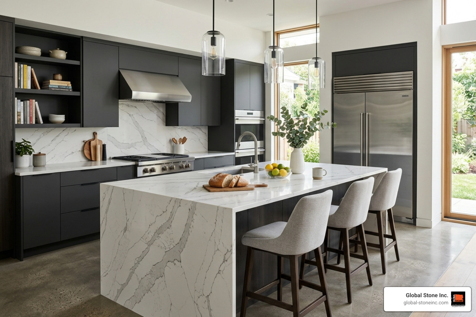 high-end silica-free marble-look countertop in a modern kitchen - arista quartz & natural stones