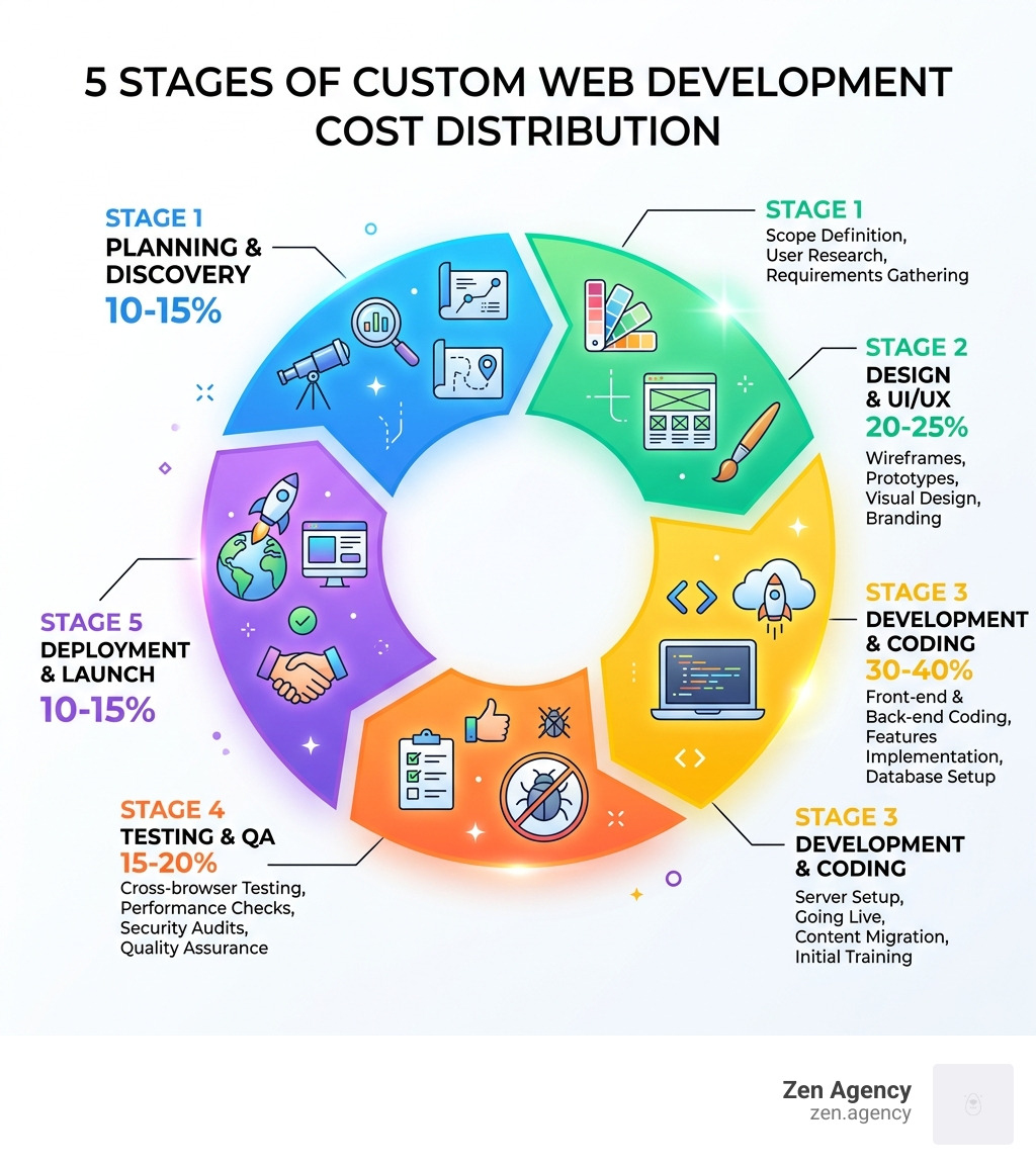 Infographic showing 5 stages of custom web development and their cost distribution - custom web development cost infographic Infographic showing 5 stages of custom web development and their cost distribution - custom web development cost infographic