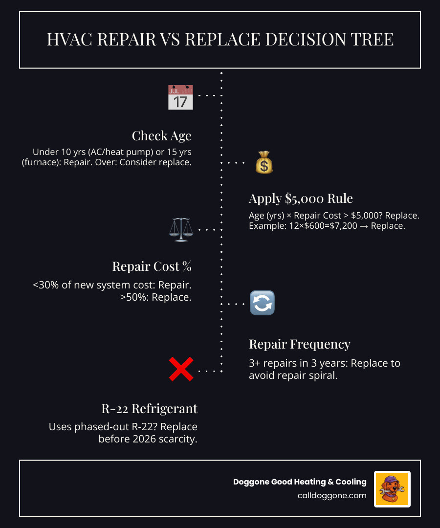 HVAC repair vs replace decision tree infographic with age, cost thresholds, R-22 refrigerant, repair frequency, and