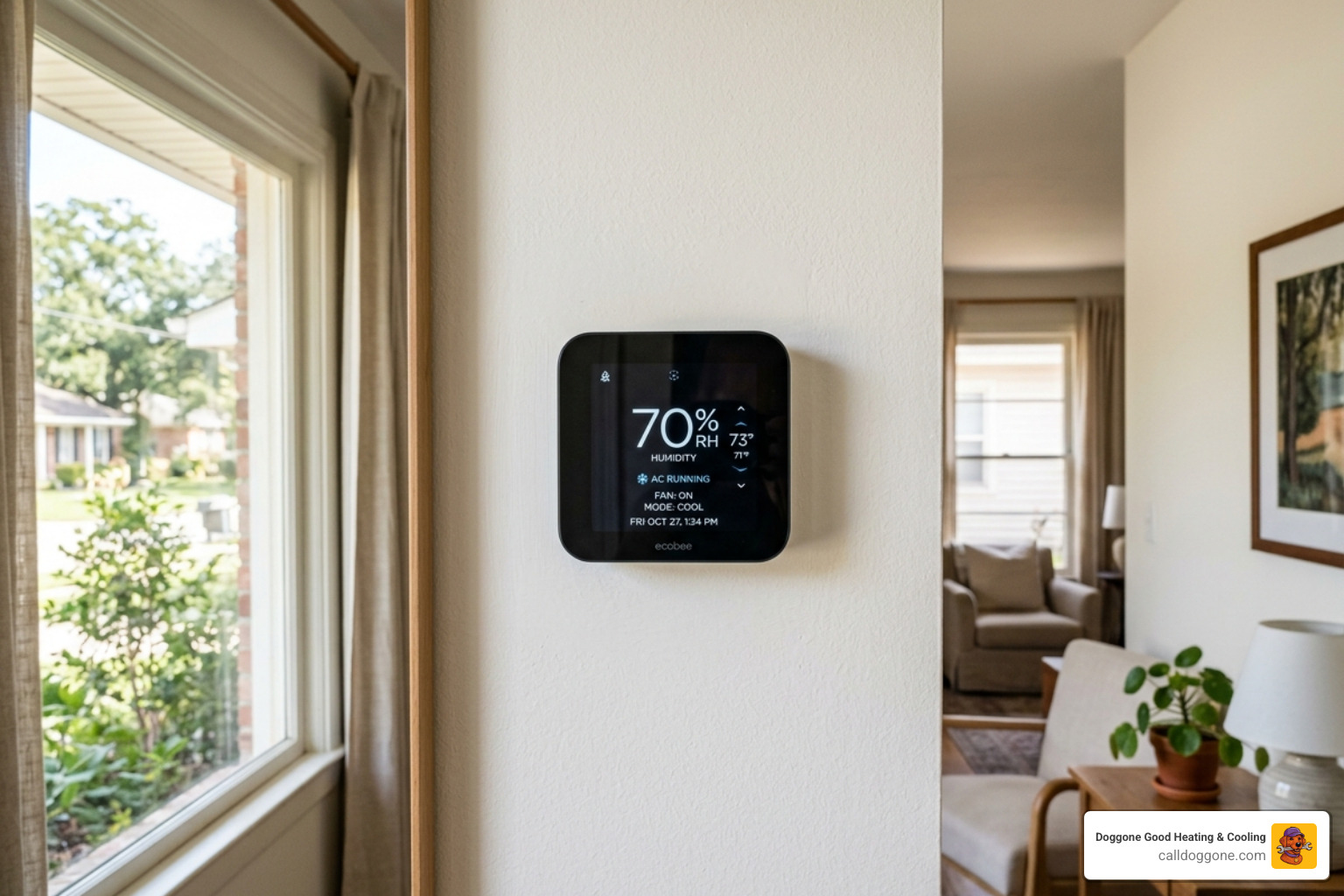 Modern digital thermostat showing high indoor humidity levels in a Baton Rouge home - when to repair vs replace your hvac