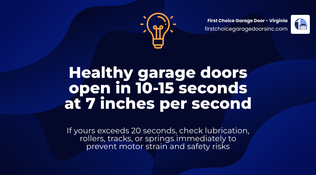 infographic showing normal garage door speed benchmarks, 20-second warning threshold, and top causes of slow operation infographic showing normal garage door speed benchmarks, 20-second warning threshold, and top causes of slow operation