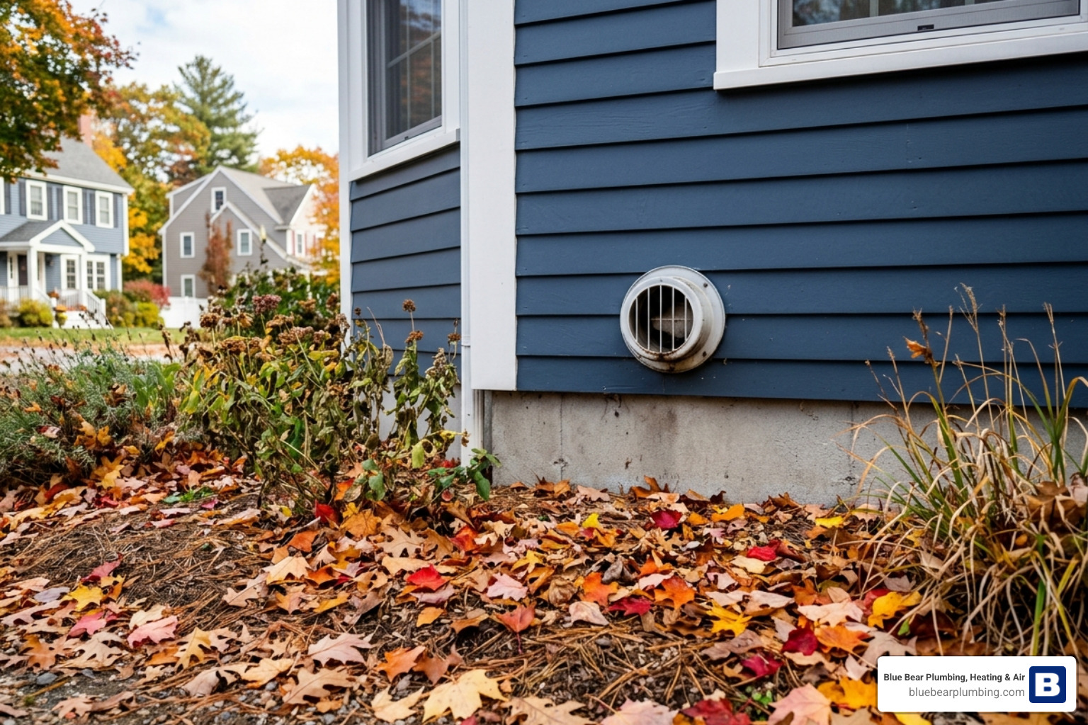 autumn leaves on the ground near a residential furnace vent - benefits of regular hvac maintenance in new england four season autumn leaves on the ground near a residential furnace vent - benefits of regular hvac maintenance in new england four season