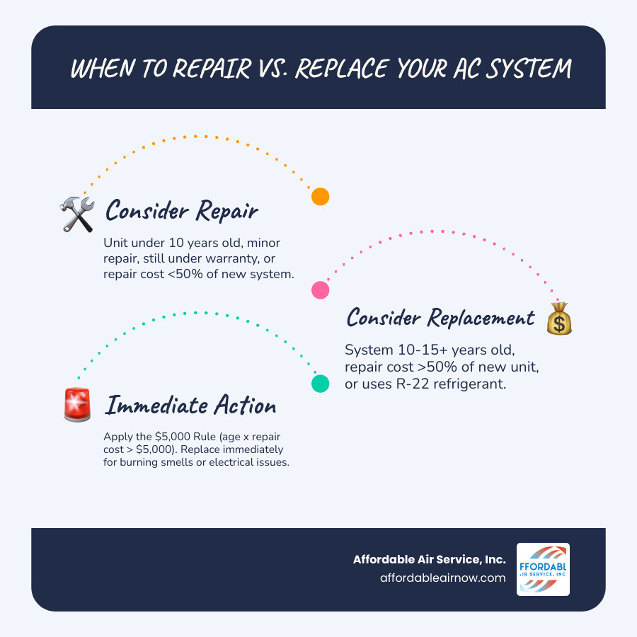 AC repair vs replace decision flowchart showing age, cost rules, and replacement triggers - when to repair vs replace your AC repair vs replace decision flowchart showing age, cost rules, and replacement triggers - when to repair vs replace your
