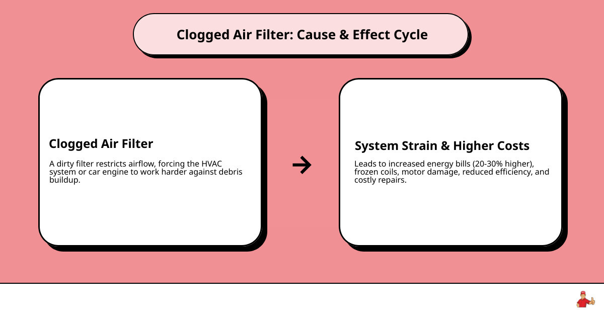 Infographic showing the cycle from clogged air filter to restricted airflow to system strain and higher energy bills - what Infographic showing the cycle from clogged air filter to restricted airflow to system strain and higher energy bills - what