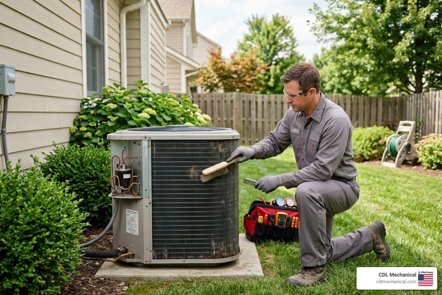 Technician performing a seasonal tune-up on an outdoor unit - how to maintain your heating and cooling system Technician performing a seasonal tune-up on an outdoor unit - how to maintain your heating and cooling system