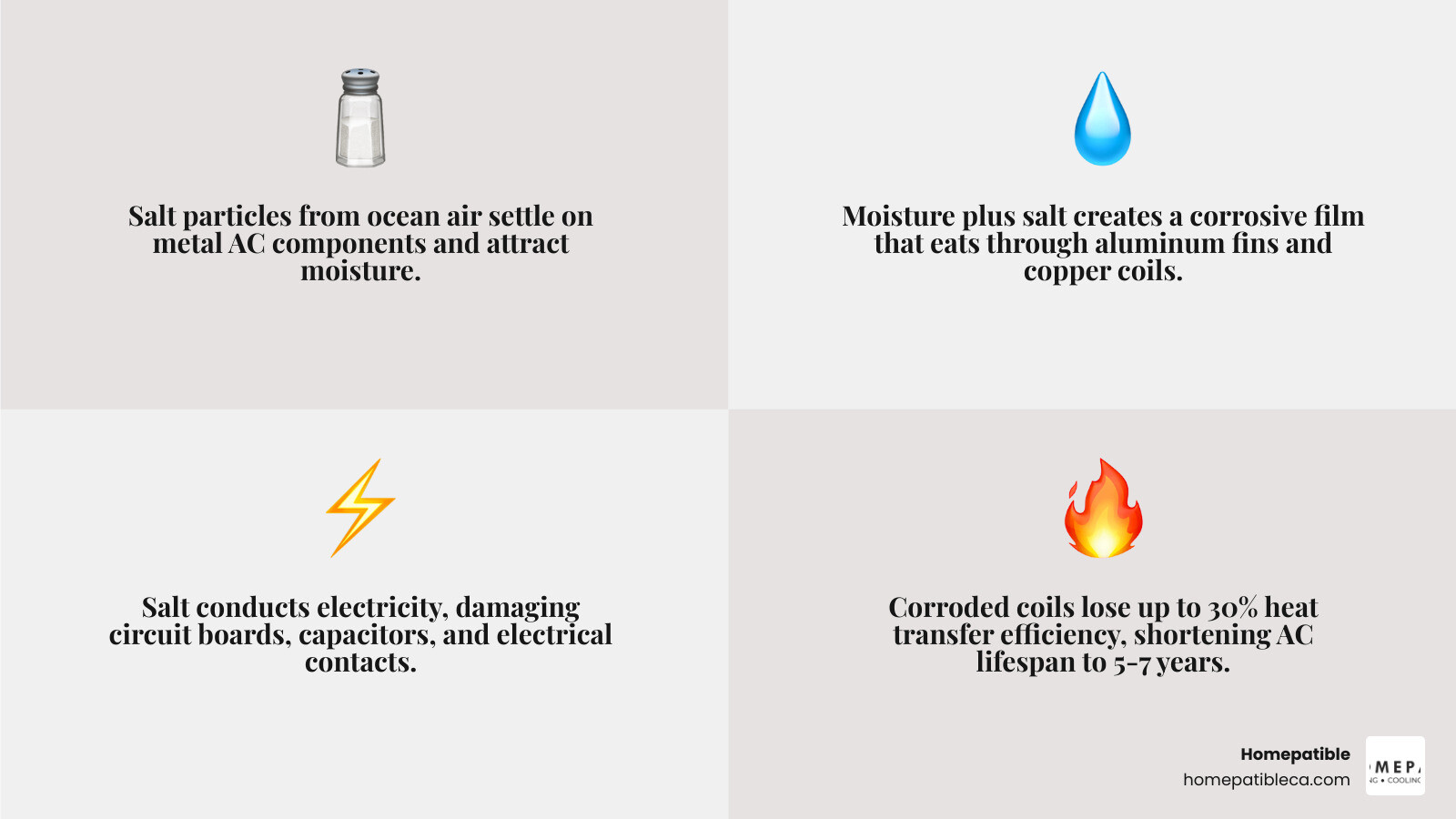 Infographic showing the corrosive cocktail of salt air and coastal humidity and its effects on AC components - how salt air Infographic showing the corrosive cocktail of salt air and coastal humidity and its effects on AC components - how salt air