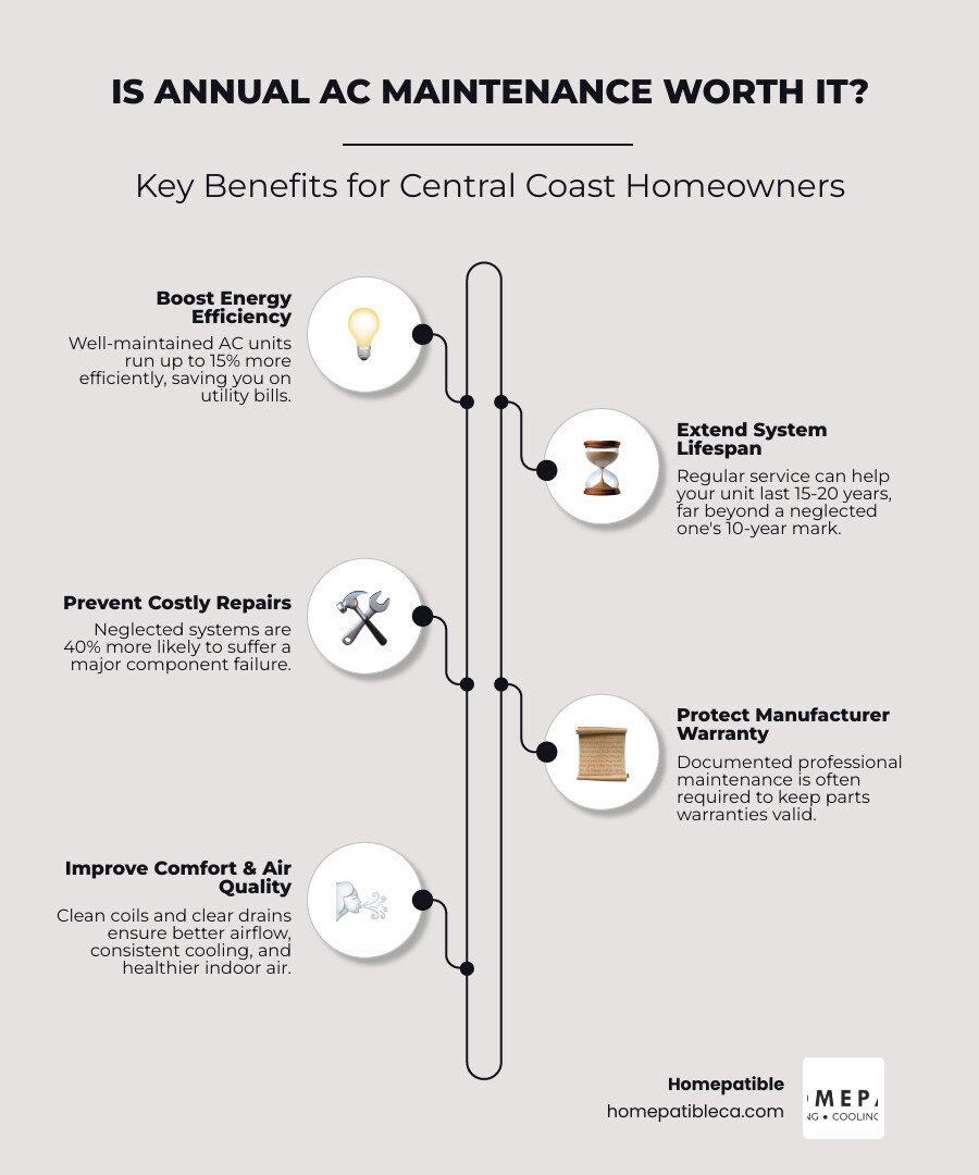 Infographic showing top 5 benefits of annual AC maintenance: efficiency, lifespan, fewer repairs, warranty, air quality Infographic showing top 5 benefits of annual AC maintenance: efficiency, lifespan, fewer repairs, warranty, air quality