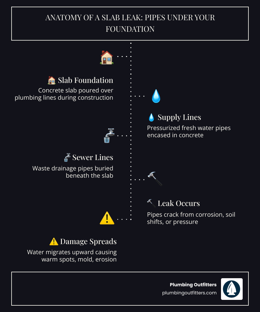 infographic showing anatomy of a slab leak pipe location under concrete foundation warning signs - how do i know if i have a infographic showing anatomy of a slab leak pipe location under concrete foundation warning signs - how do i know if i have a