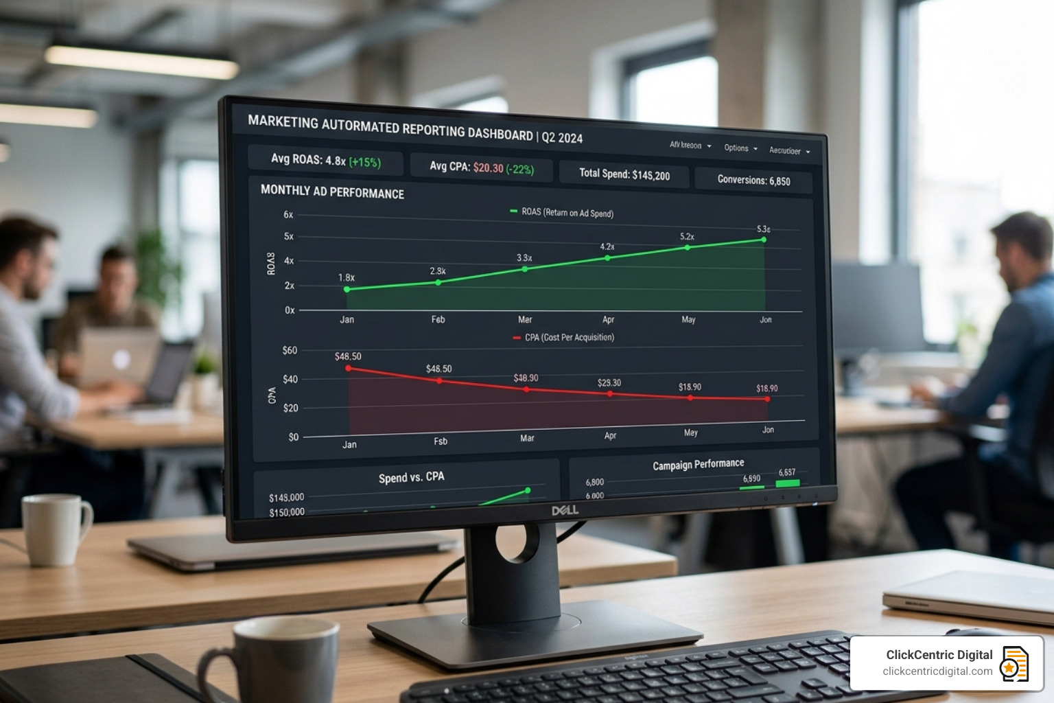 Automated reporting charts showing a steady increase in ROAS and a decrease in CPA - google ads management tools