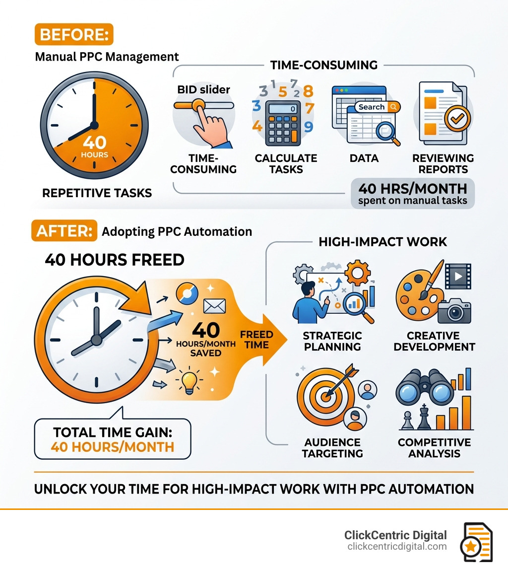 Infographic showing 40 hours freed per month for high-impact work after adopting PPC automation - google ads management