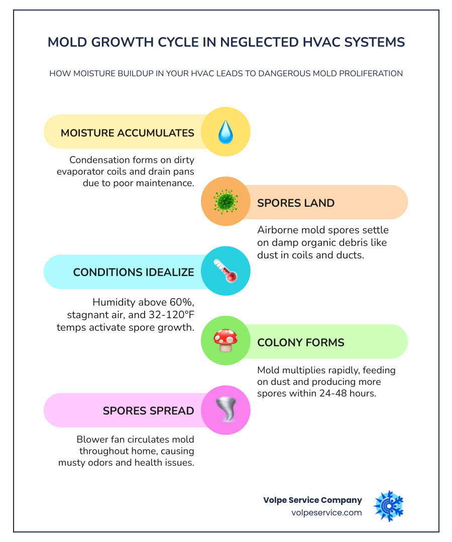 Infographic showing the mold growth cycle in neglected HVAC systems from moisture buildup to spore spread - how proper hvac Infographic showing the mold growth cycle in neglected HVAC systems from moisture buildup to spore spread - how proper hvac