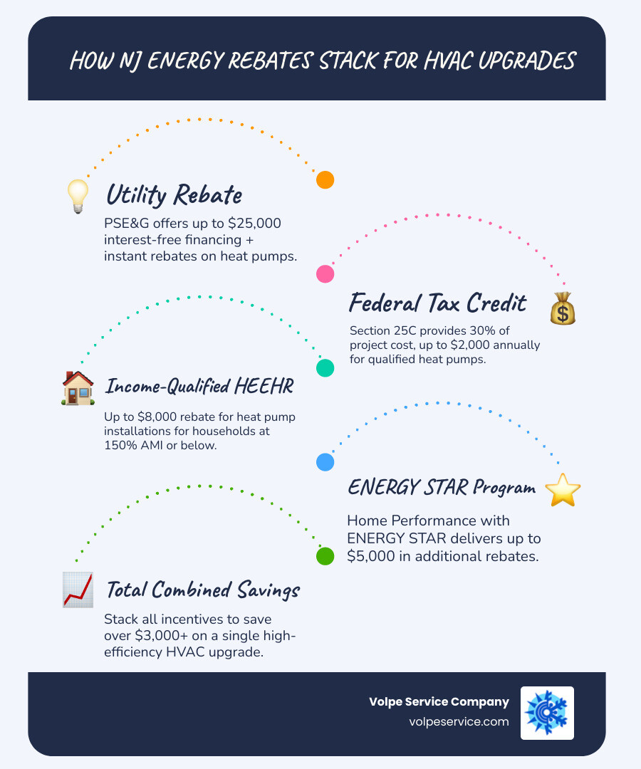 Infographic showing how NJ utility rebates, federal 25C tax credits, and IRA HEEHR rebates stack for an HVAC upgrade - new Infographic showing how NJ utility rebates, federal 25C tax credits, and IRA HEEHR rebates stack for an HVAC upgrade - new