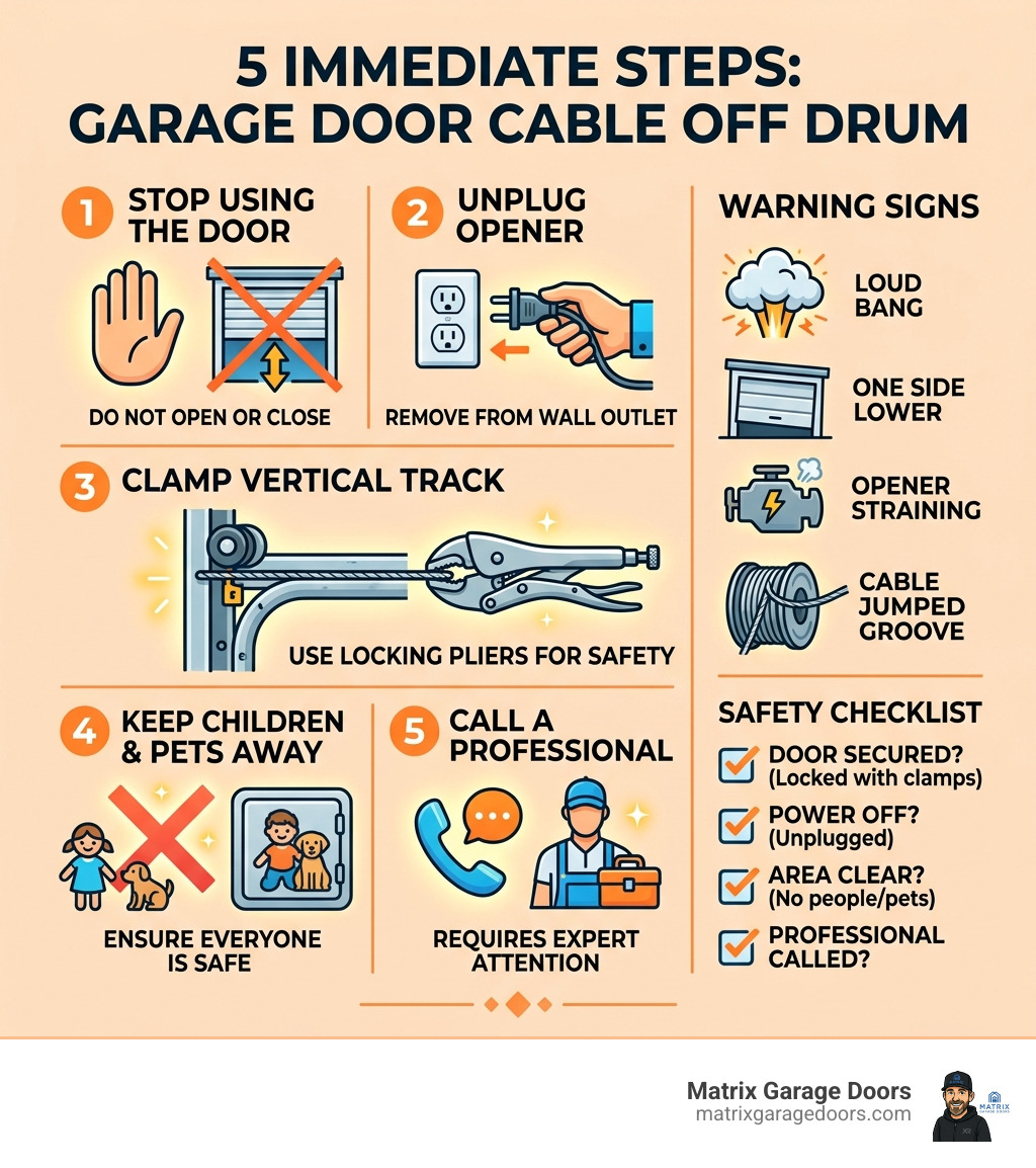 Infographic showing the 5 immediate steps when a garage door cable comes off the drum, with warning signs and safety