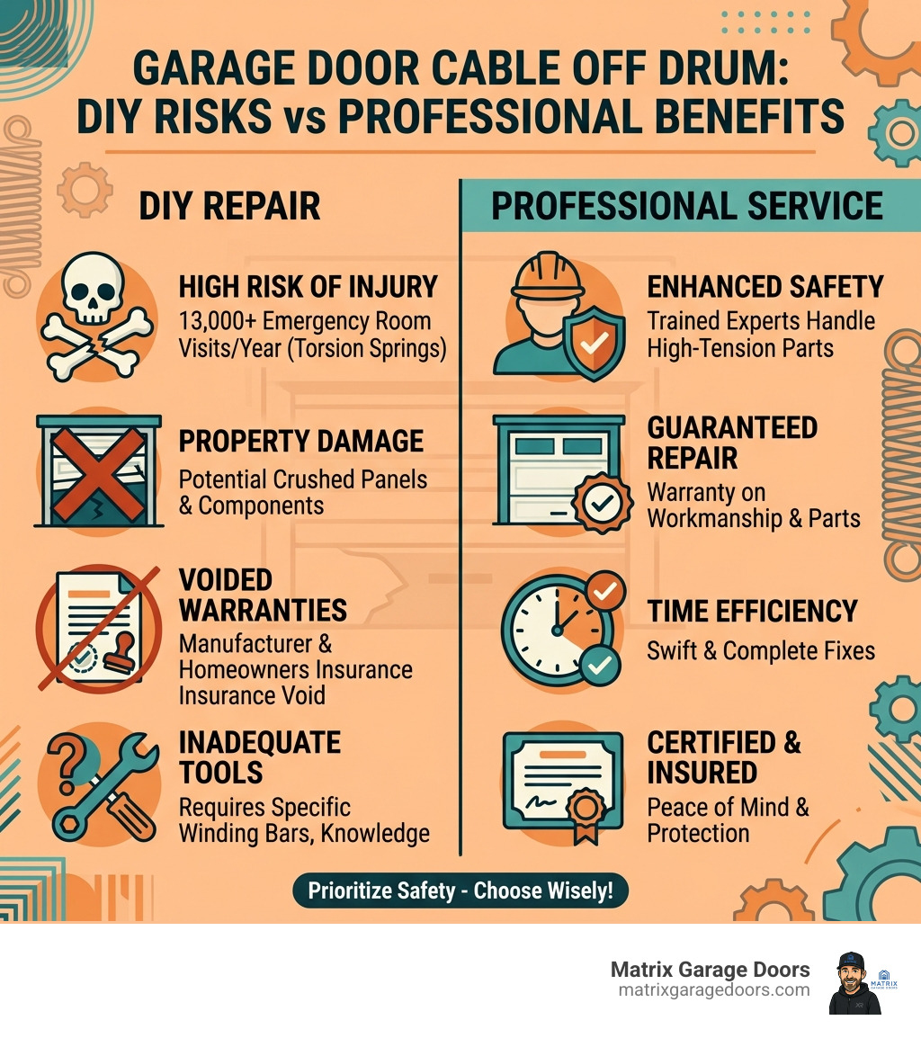 Infographic comparing DIY garage door repair risks versus professional service benefits, highlighting safety and warranty
