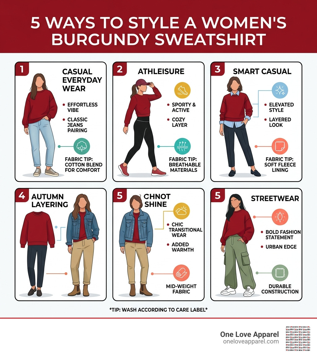5 ways to style a women's burgundy sweatshirt infographic with outfit ideas and fabric tips - burgundy sweatshirt women's 5 ways to style a women's burgundy sweatshirt infographic with outfit ideas and fabric tips - burgundy sweatshirt women's