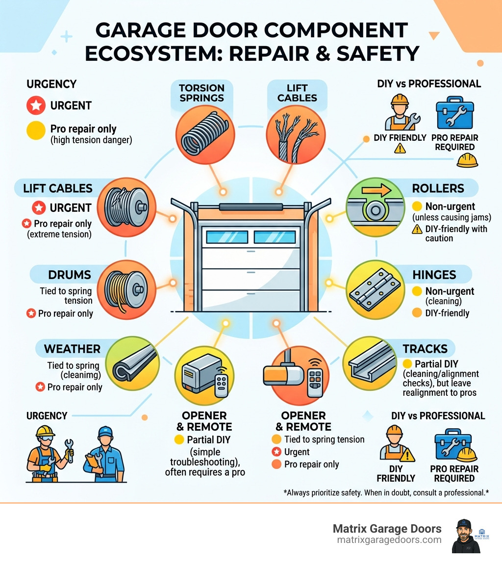 Infographic showing garage door component ecosystem with repair urgency and DIY vs professional breakdown - Garage Door