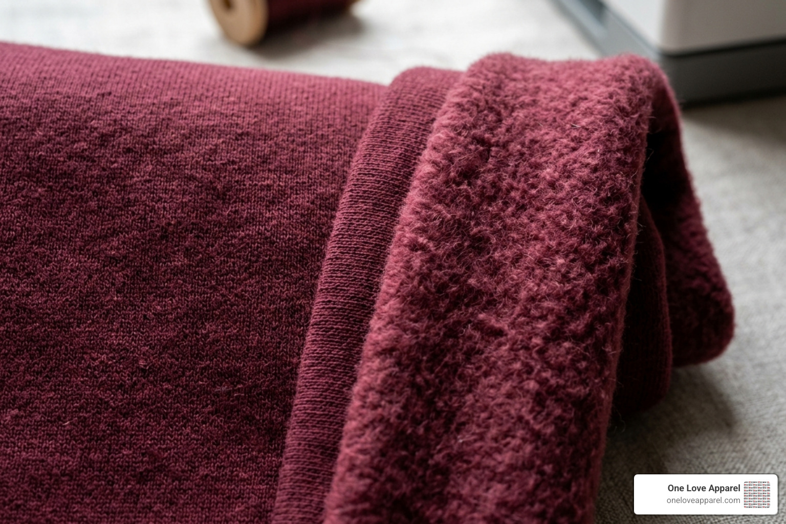 Close-up of high-quality organic cotton fabric texture and fleece lining - burgundy sweatshirt women's Close-up of high-quality organic cotton fabric texture and fleece lining - burgundy sweatshirt women's