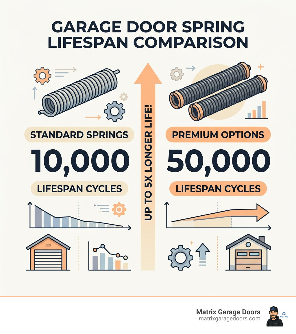Infographic showing the 10,000 cycle lifespan of standard springs vs 50,000 for premium options - Garage Door Component