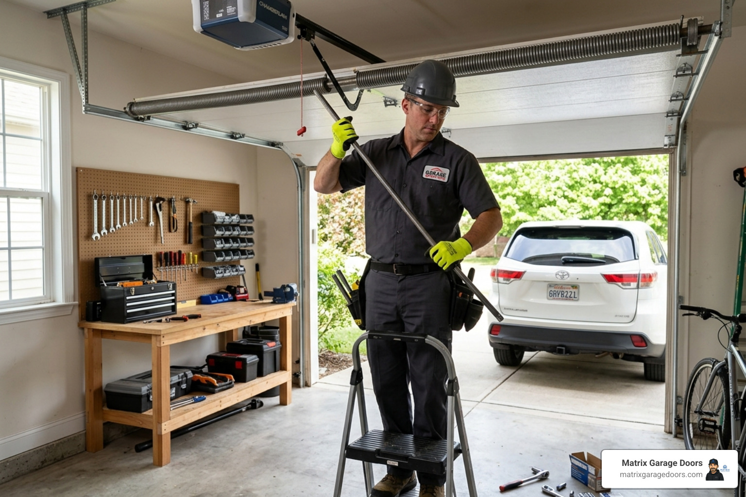 Technician using a winding bar to adjust a torsion spring - Garage Door Component Repair