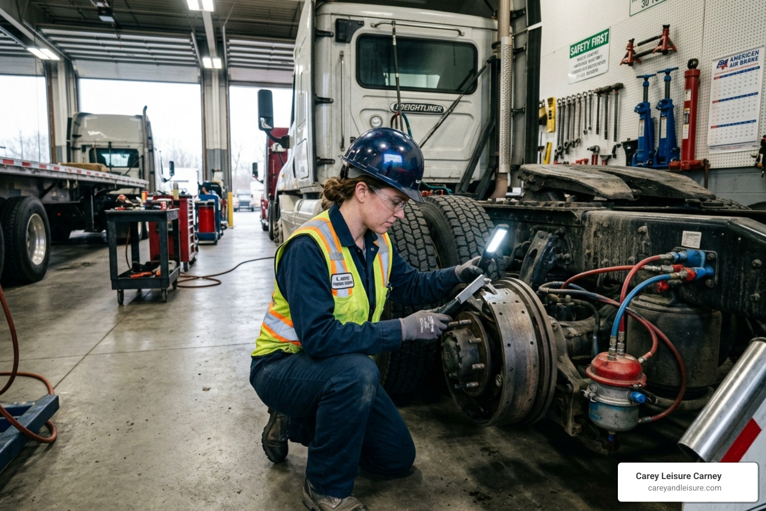 Forensic engineer inspecting a truck's braking system in a garage - Truck accident expert witness Forensic engineer inspecting a truck's braking system in a garage - Truck accident expert witness