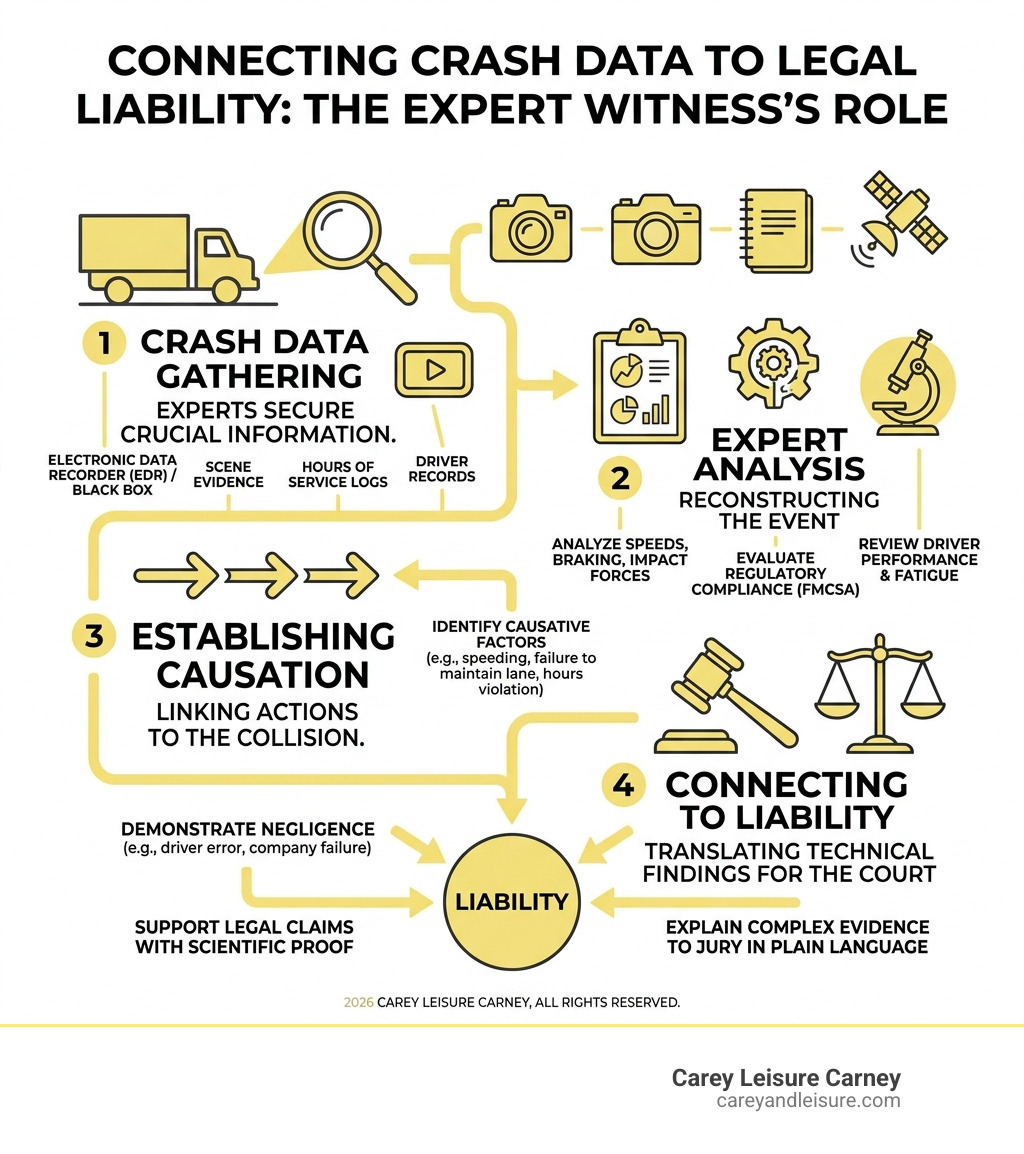 Infographic showing how expert witnesses connect crash data to legal liability in truck accident cases - Truck accident Infographic showing how expert witnesses connect crash data to legal liability in truck accident cases - Truck accident