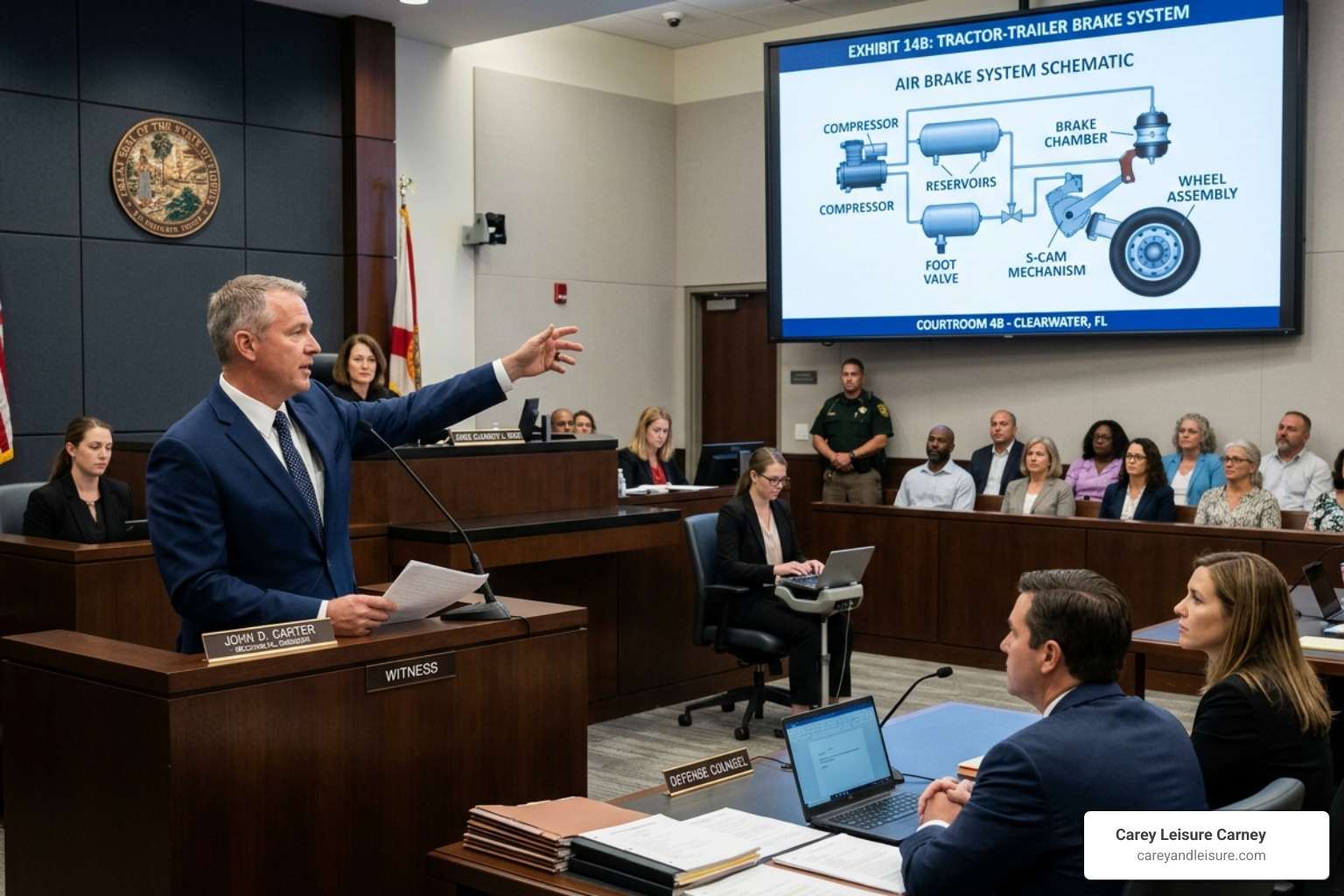Expert witness testifying in a Clearwater courtroom about truck mechanics - Truck accident expert witness Expert witness testifying in a Clearwater courtroom about truck mechanics - Truck accident expert witness