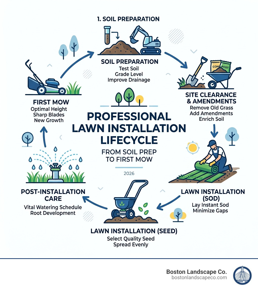 Lawn installation lifecycle infographic from soil prep to first mow - Lawn Installation Services infographic 