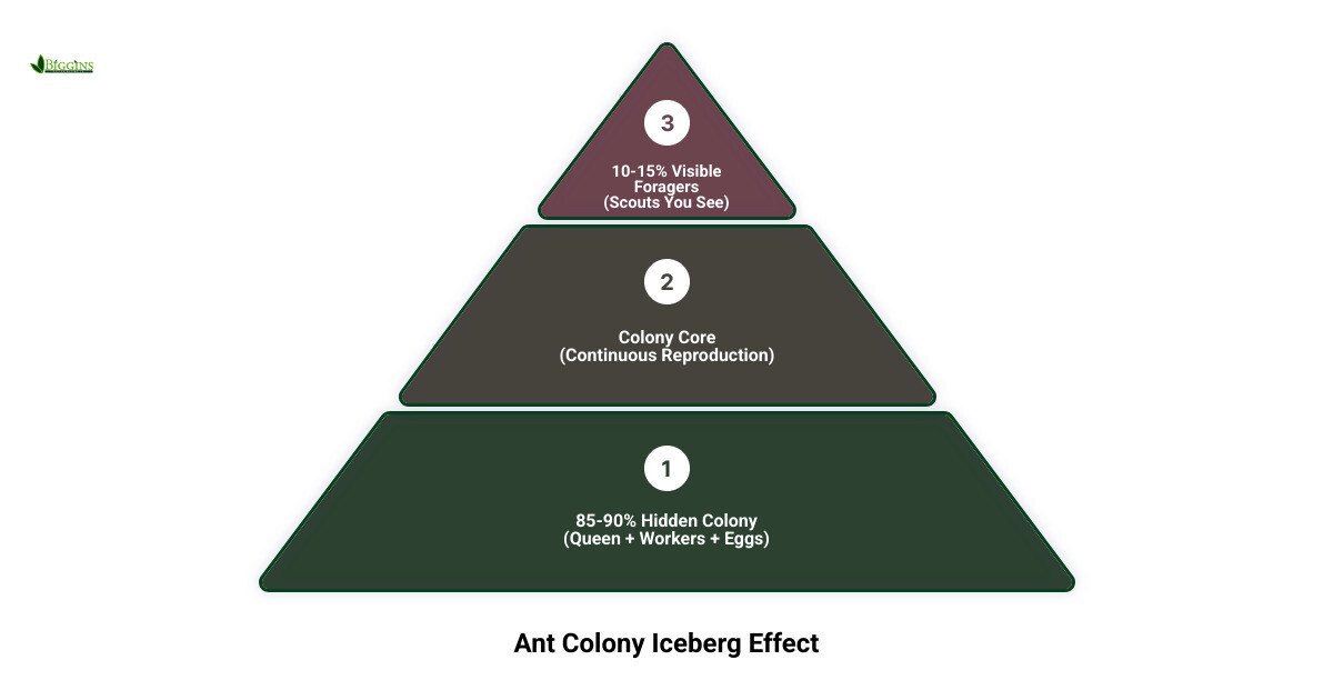Infographic showing the Iceberg Effect of ant colonies: 10-15% visible foragers vs. hidden queen and colony mass below