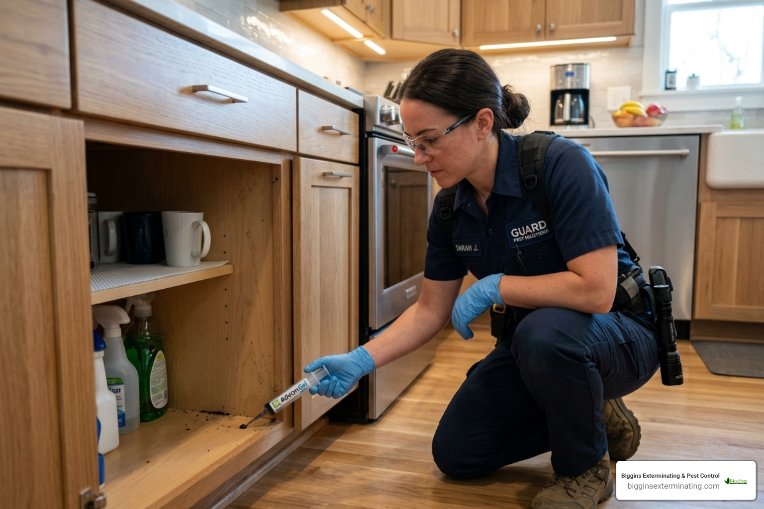 Professional pest control technician placing gel bait into a kitchen cabinet crevice - are ant exterminators worth it