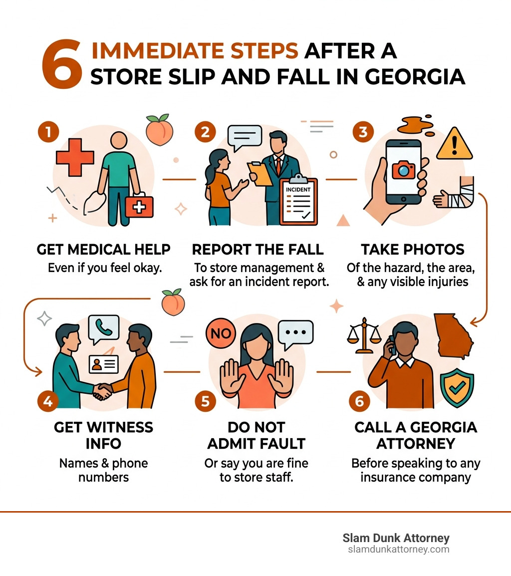 infographic showing 6 immediate steps after a store slip and fall in Duluth, Georgia - store slip and fall infographic infographic showing 6 immediate steps after a store slip and fall in Duluth, Georgia - store slip and fall infographic