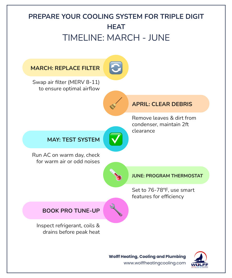 Timeline infographic: steps to prepare your cooling system for triple digit heat, from March through June - how to prepare Timeline infographic: steps to prepare your cooling system for triple digit heat, from March through June - how to prepare