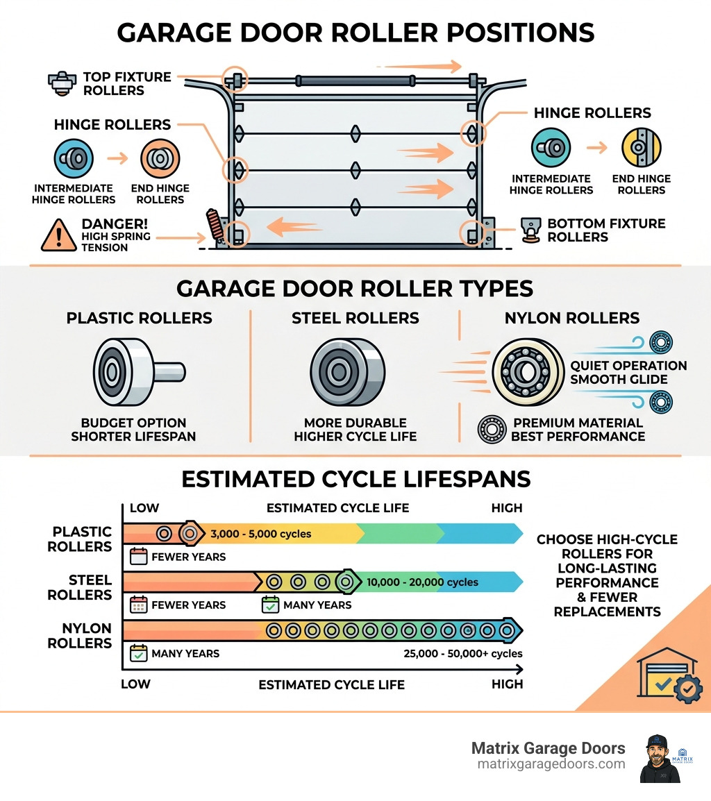 infographic showing garage door roller positions, types, and cycle lifespans - replace garage door rollers infographic 