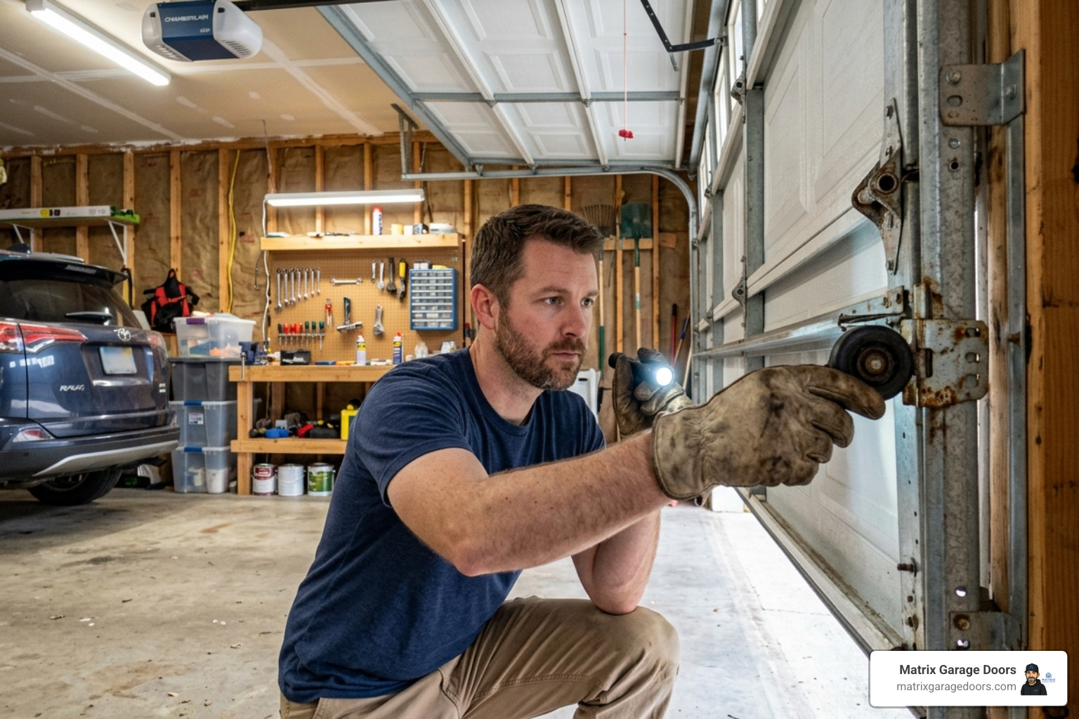 homeowner inspecting garage door hinges and rollers - replace garage door rollers
