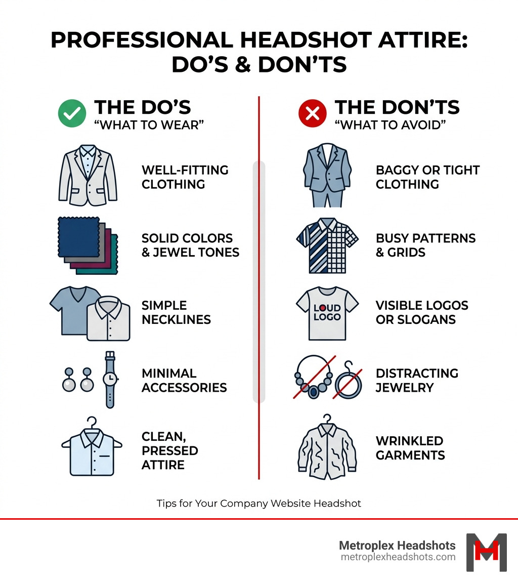 Infographic showing the do's and don'ts of professional headshot attire - headshots for company website infographic 