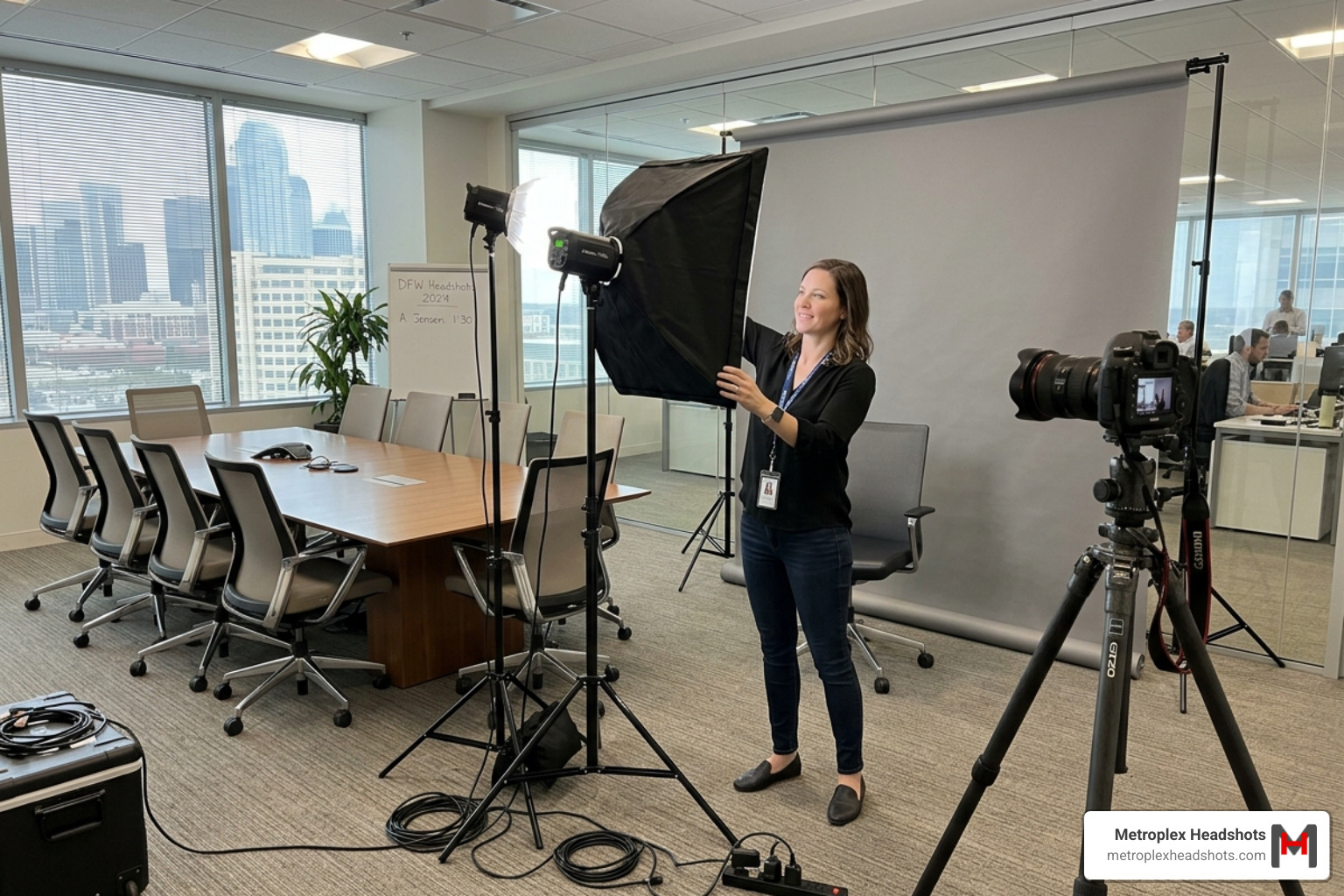 A professional on-site corporate photo setup in a medium-sized conference room - headshots for company website