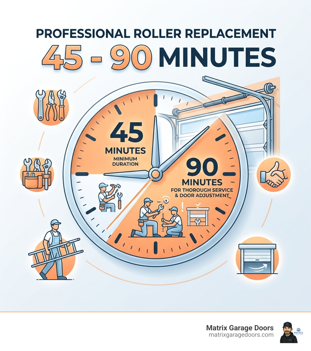 stat showing that professional roller replacement takes 45-90 minutes - replace garage door rollers infographic 