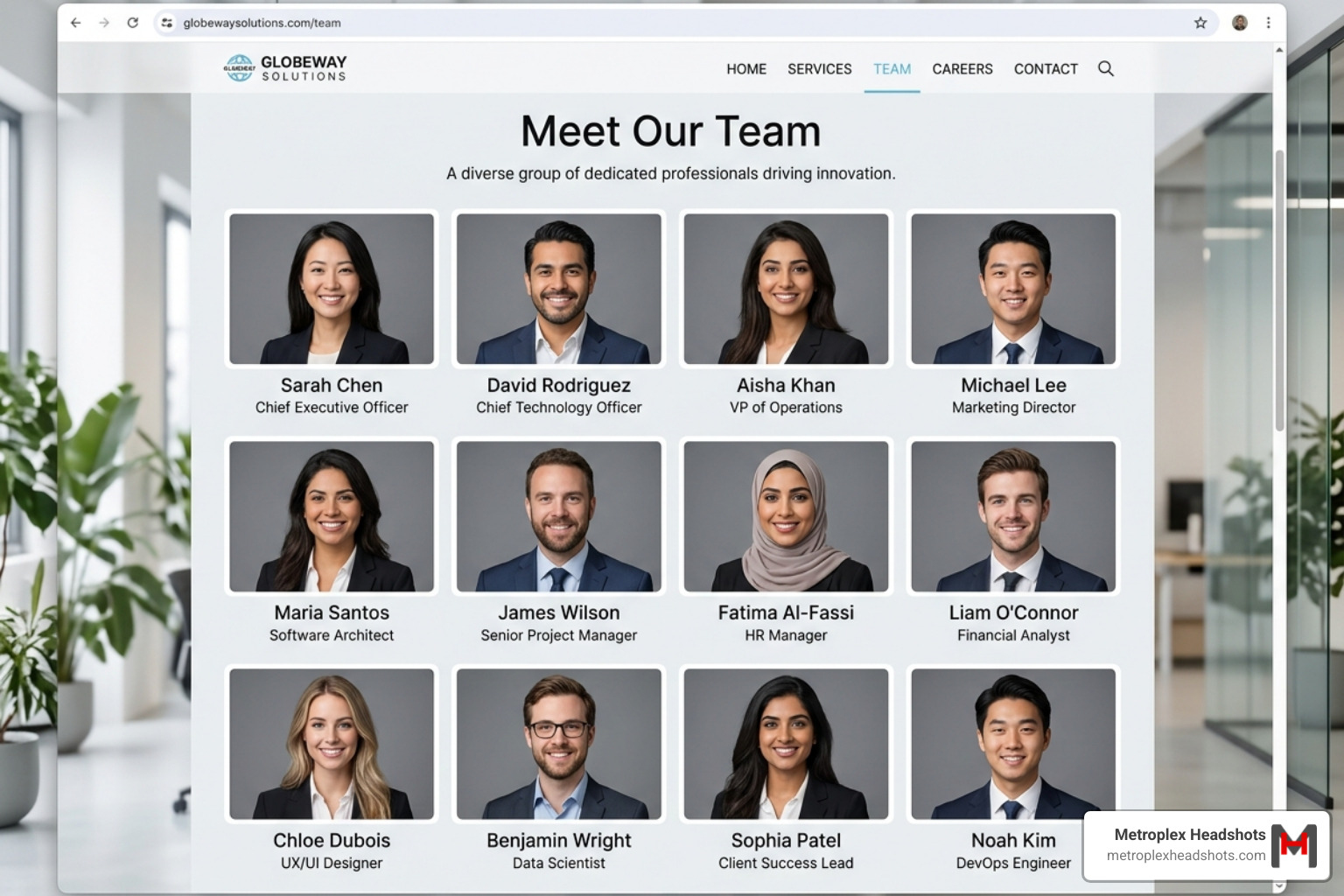 A grid of consistent, professional team headshots on a clean website layout - headshots for company website