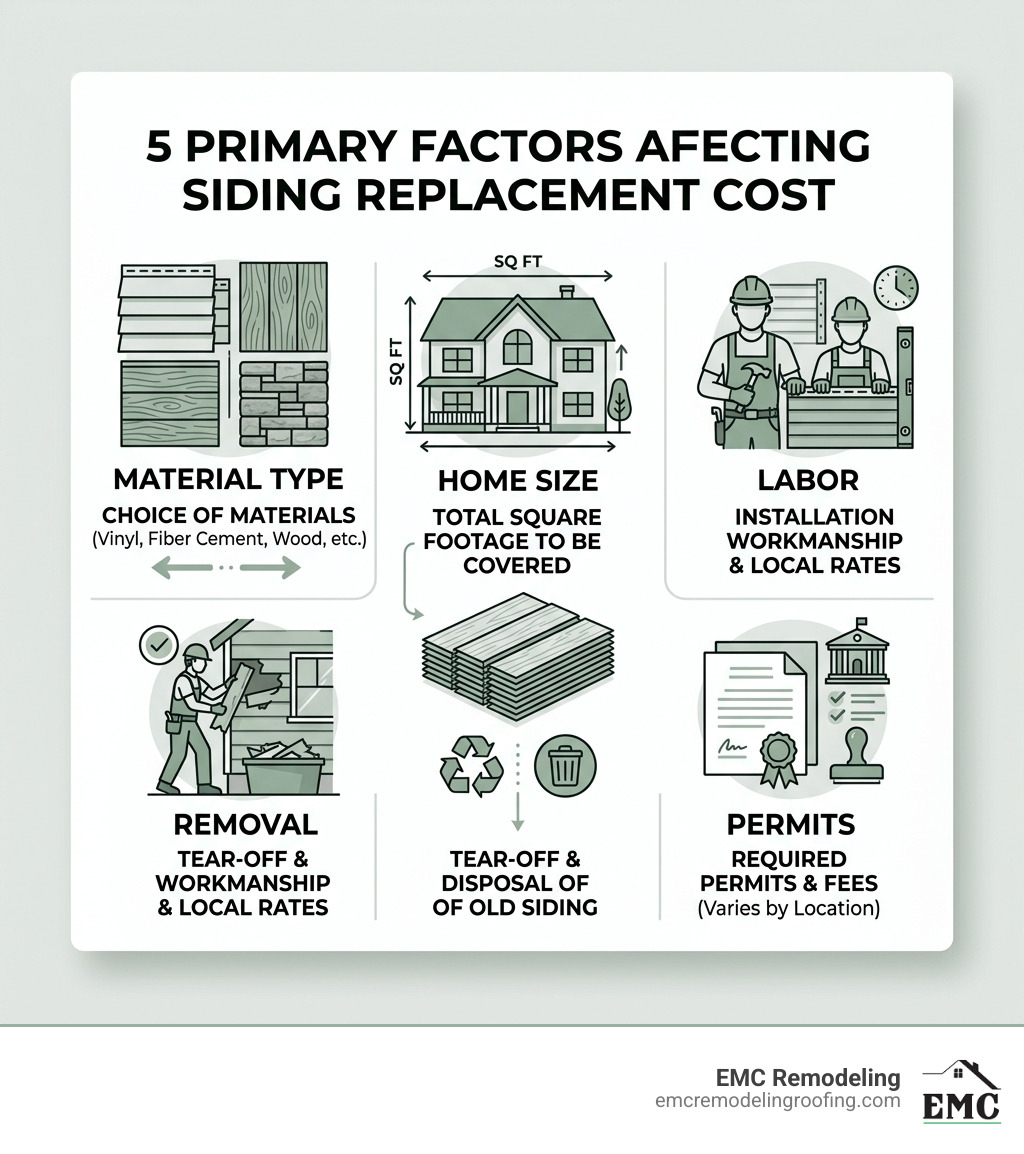 Infographic showing 5 primary factors affecting siding replacement cost: material type, home size, labor, removal, and