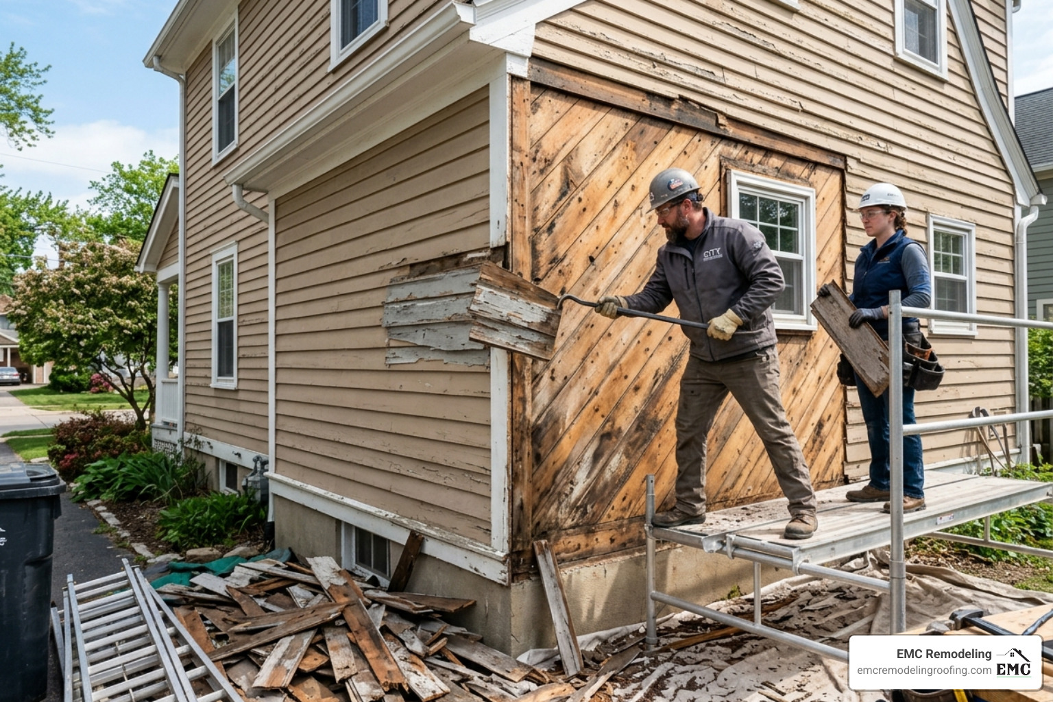 Contractors carefully removing old, damaged wood siding to inspect the sheathing underneath for rot - cost to replace siding