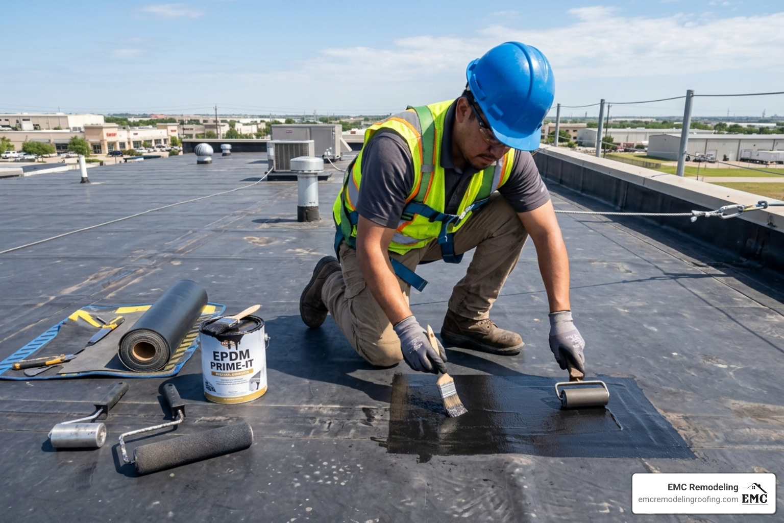 Technician applying primer and a patch to a black EPDM roof membrane - fix a flat roof