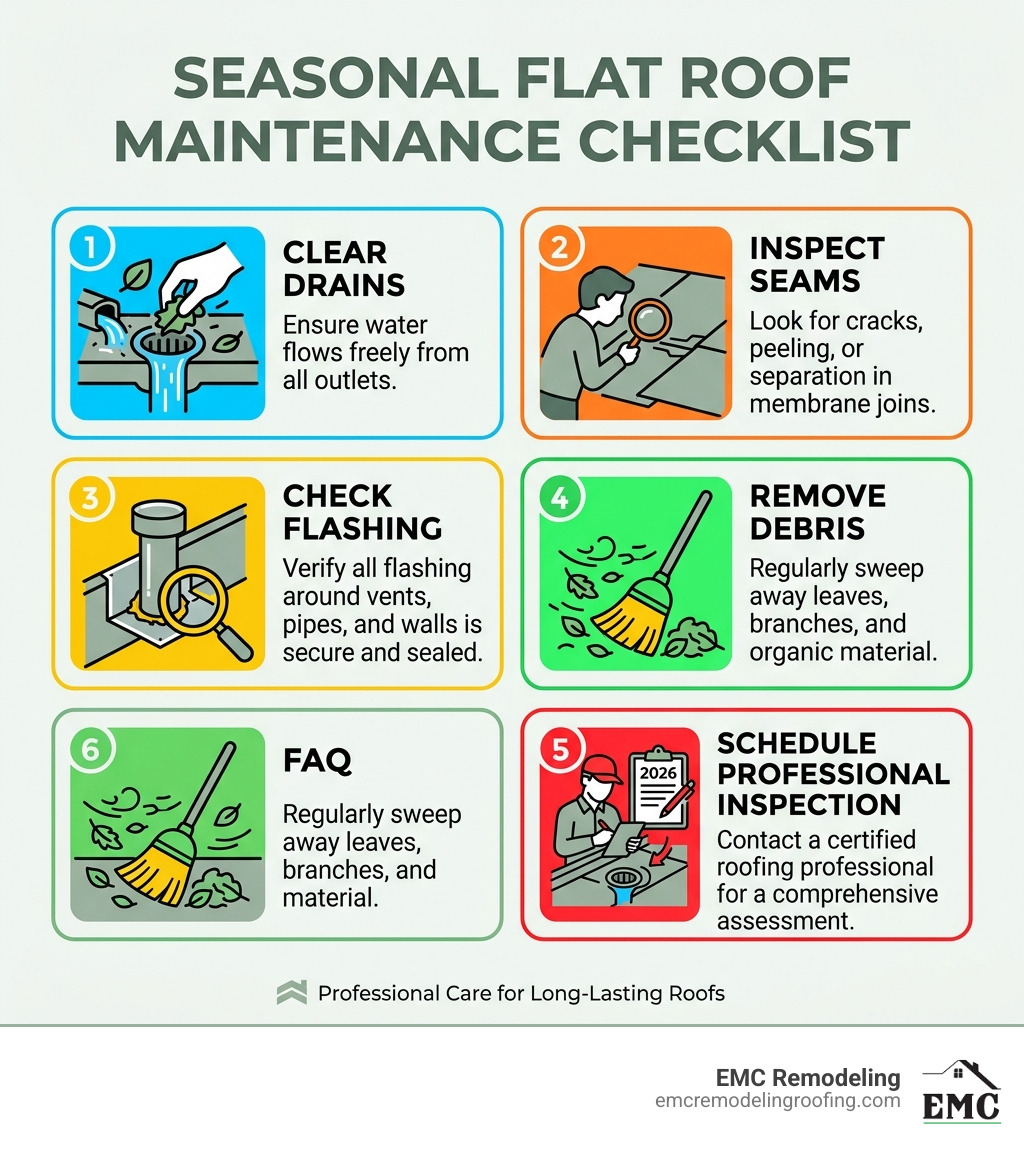 Infographic: Seasonal Flat Roof Maintenance Checklist - 1. Clear Drains 2. Inspect Seams 3. Check Flashing 4. Remove Debris