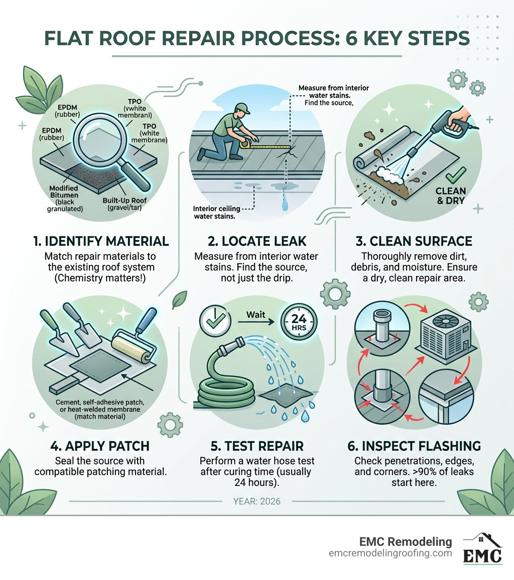 Flat roof repair process infographic showing steps: identify material, locate leak, clean surface, patch, test, inspect