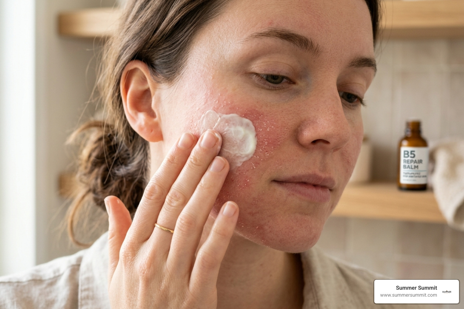 Applying a rich therapeutic B5 balm to irritated skin to soothe and protect the barrier - best b5 for skin barrier